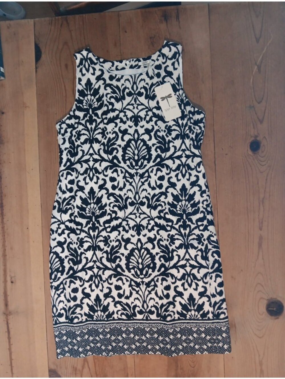 Tyler Boe 100% Linen Shift Dress Womens L Black Damask Boho Print Sleeveless NWT